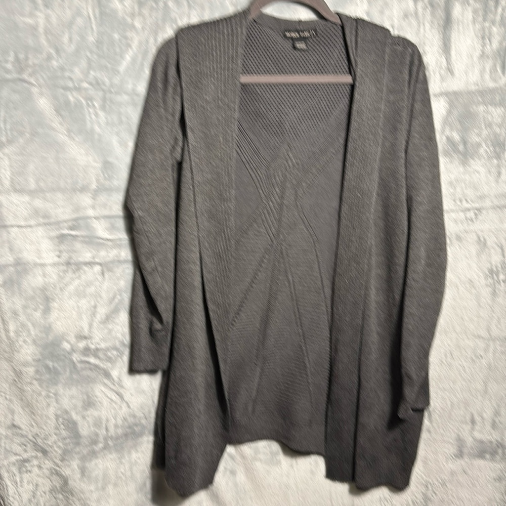 Hooded cardigan, women’s large long gray no buttons open detailed design